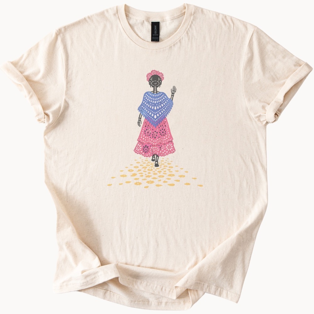 Folk Skeleton Waving in Tiered Floral Dress Tee